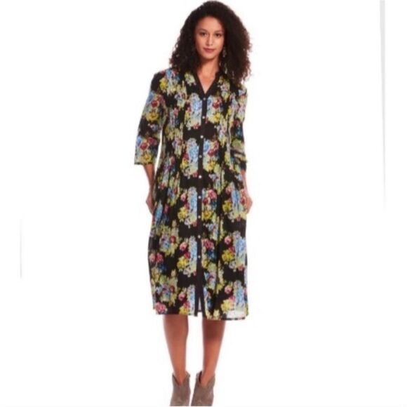 The J. Peterman Co Floral Pleated Boho Shirt Dress In Black Size M - Picture 1 of 10